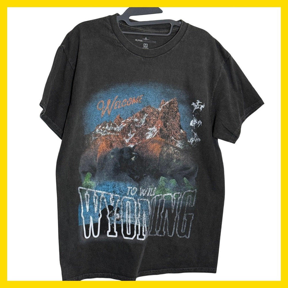 Alpha Collective Welcome to Wild Wyoming Graphic Tee Washed Black Mens Medium
